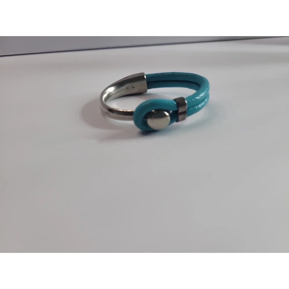 Blue Faux Leather Silver Tone Mixed Media Cuff Bracelet Modern Statement Jewelry